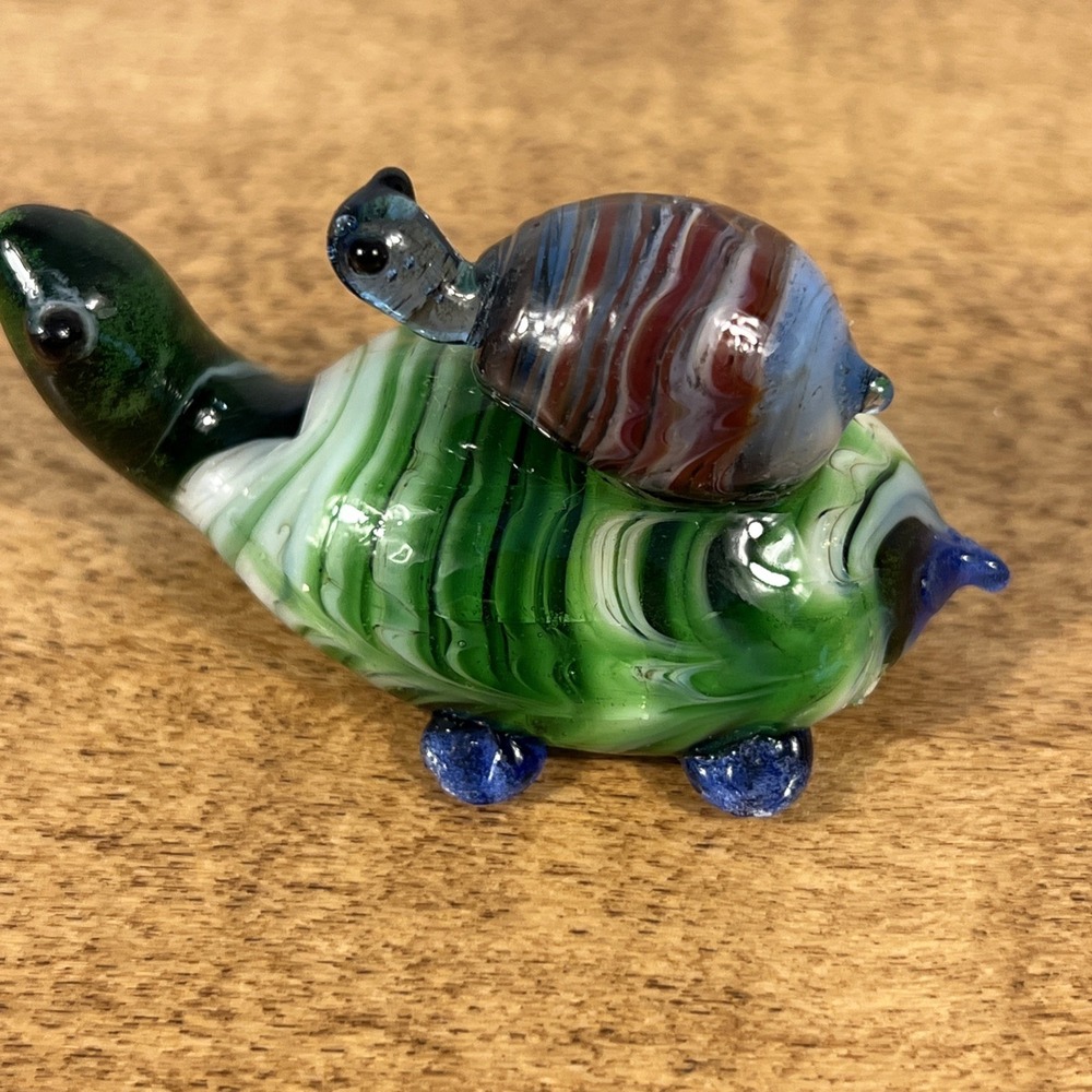 Vintage Hand Blown Glass Turtle Mother & Baby On Back - Picture 5 of 11